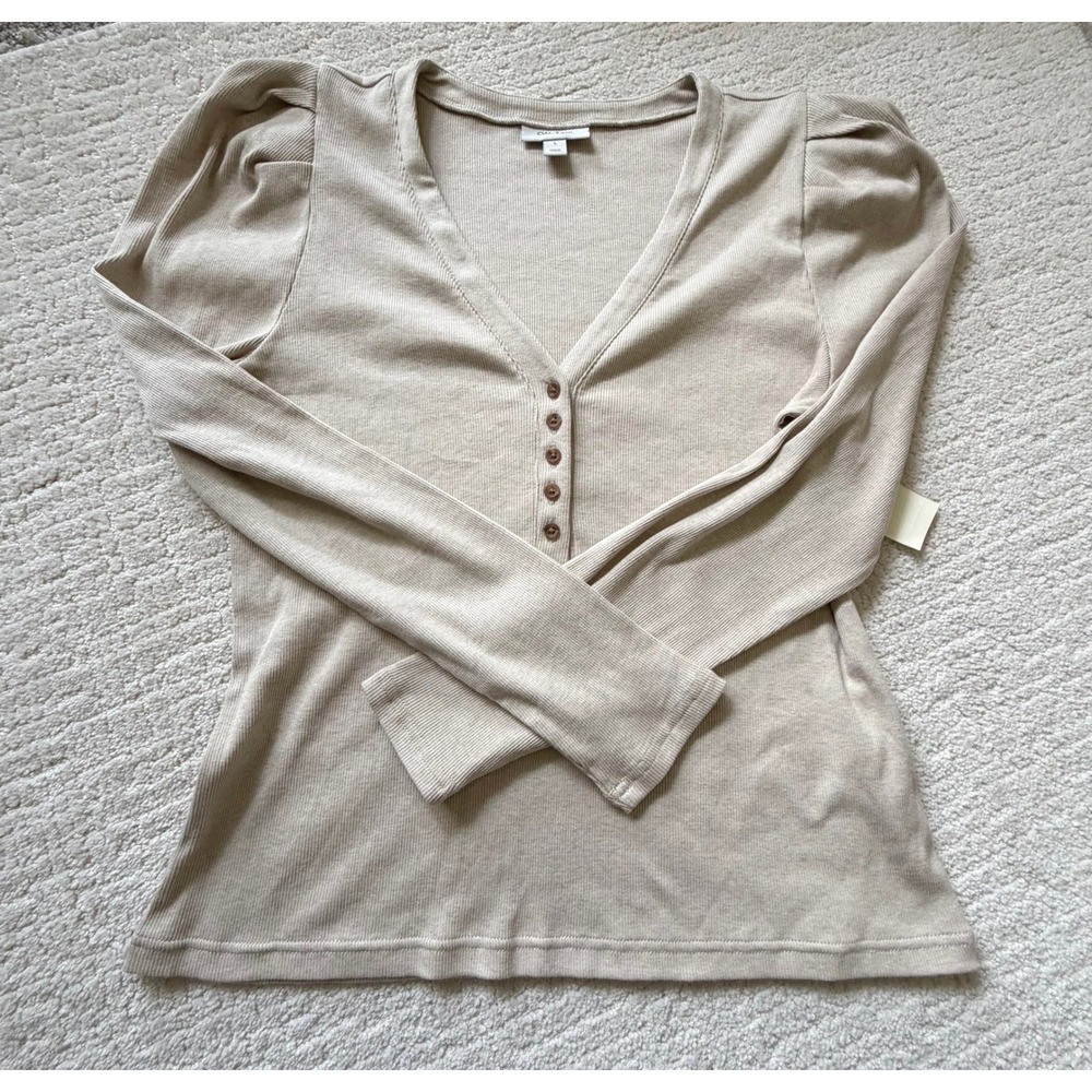 ON-34TH Beige Ribbed Henley Puff Sleeve V-Neck Knit Top Womens Large NWT Neutral - Picture 8 of 8